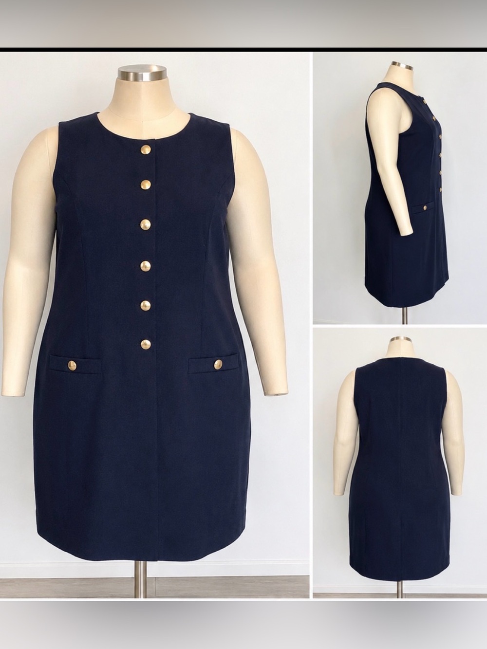 J Crew Factory Linen-blend button-front mini dress navy gold buttons Size 20 NWT